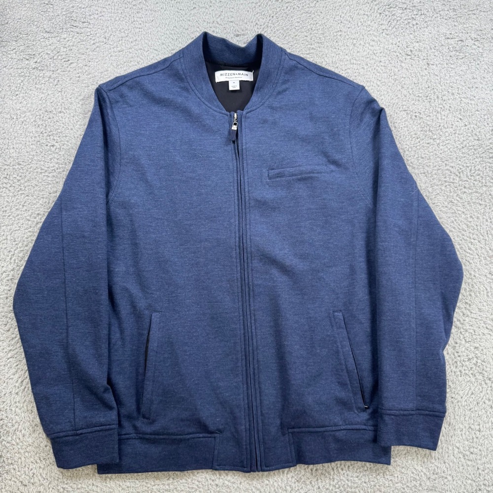 Mizzen +‎ Main Mens Performance Full Zip Bomber Jacket Navy Blue Heather Medium